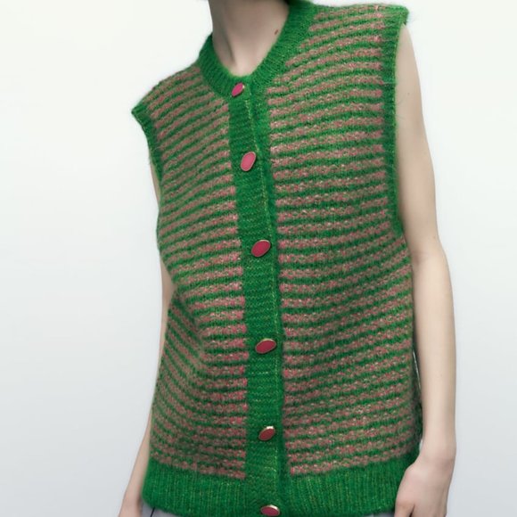 NWT GREEN PINK VINTAGE LONG KNIT VEST - Picture 4 of 8